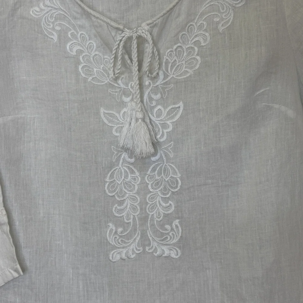Saint Tropez West Pullover Top Womens Large White 100% Linen Embroidered V-Neck